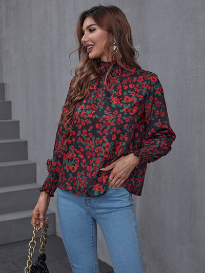 Floral Smocked Frill Neck Blouse