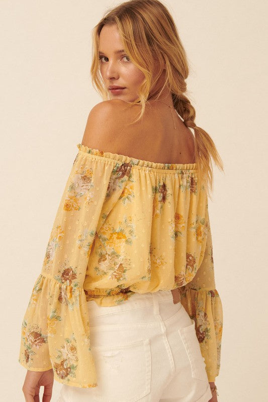 Swiss Dot Floral Off-Shoulder Peasant Blouse