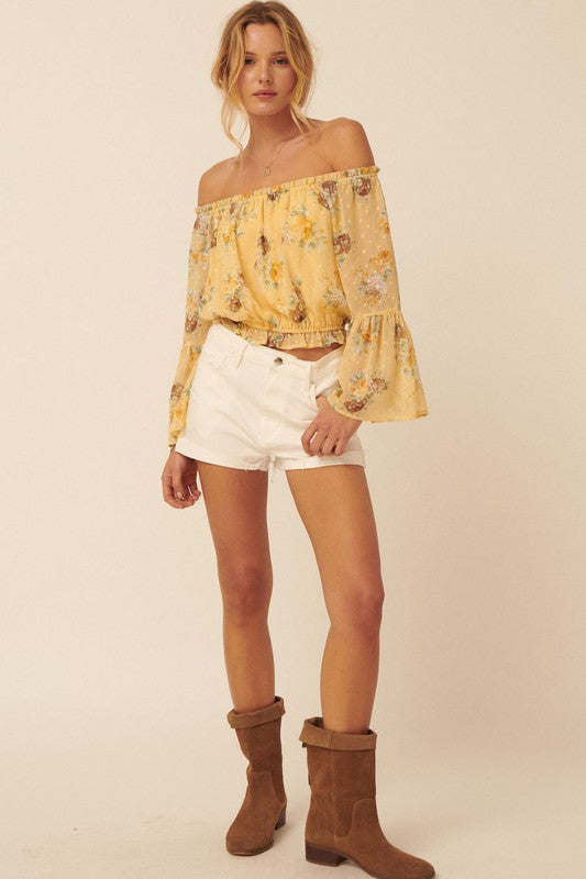 Swiss Dot Floral Off-Shoulder Peasant Blouse