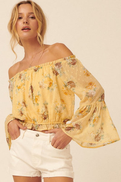 Swiss Dot Floral Off-Shoulder Peasant Blouse