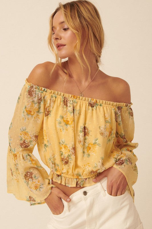 Swiss Dot Floral Off-Shoulder Peasant Blouse