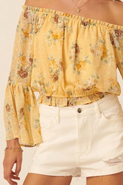 Swiss Dot Floral Off-Shoulder Peasant Blouse