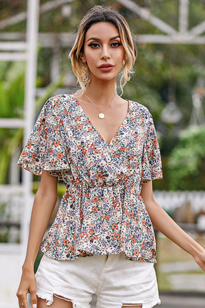 Floral Surplice Flutter Sleeve Babydoll Blouse