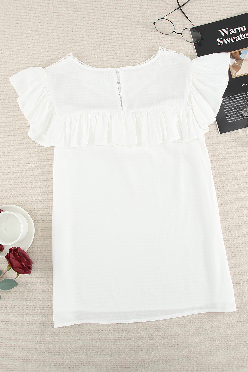 Lace Yoke Ruffled Short Sleeve T-Shirt