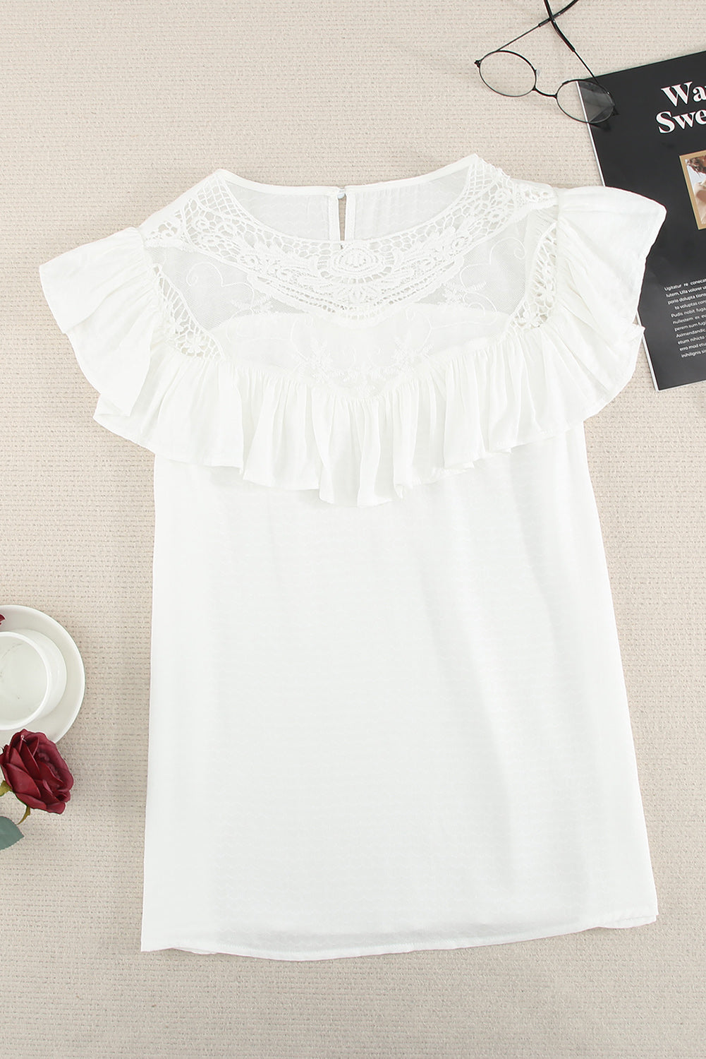 Lace Yoke Ruffled Short Sleeve T-Shirt