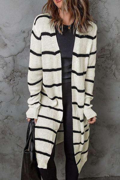 Striped Open Front Rib-Knit Duster Cardigan