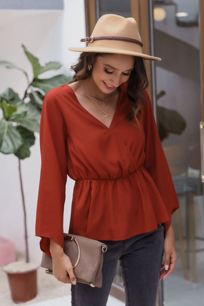 Cuff Detail Surplice Peplum Blouse