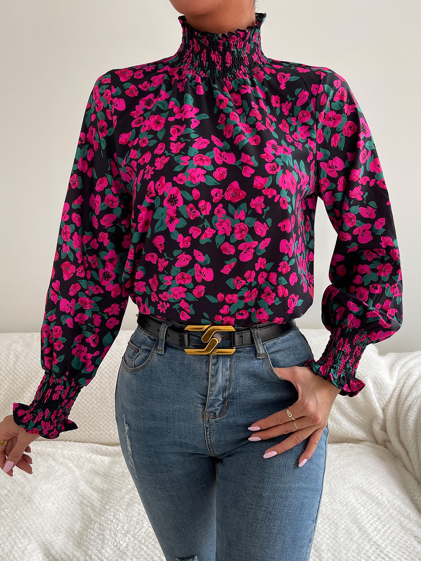 Floral Smocked Frill Neck Blouse