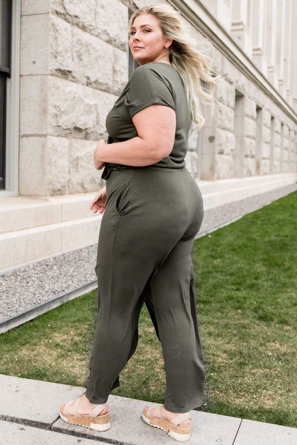 Plus Size Drawstring Waist Surplice Jumpsuit